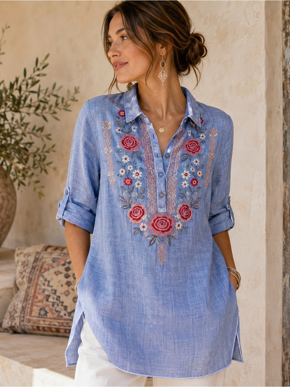 Kyla Seo 100% Linen Embroidered Floral Tunic Top Small Blue Handmade Boho Folk